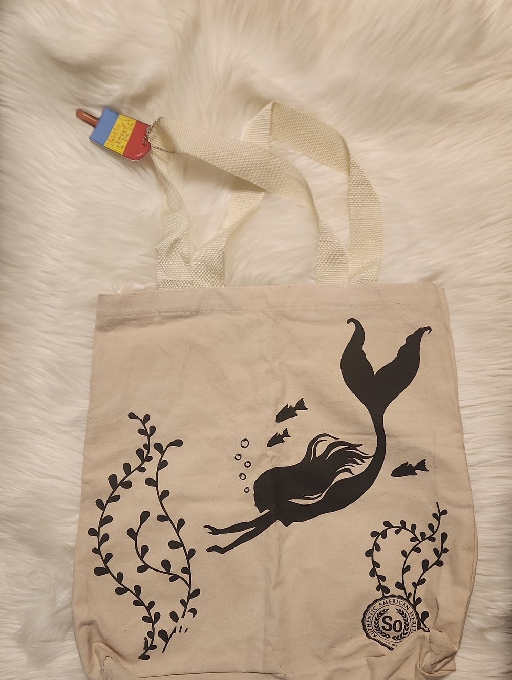Natural Canvas Tote with Black Mermaid Print - New With Tags